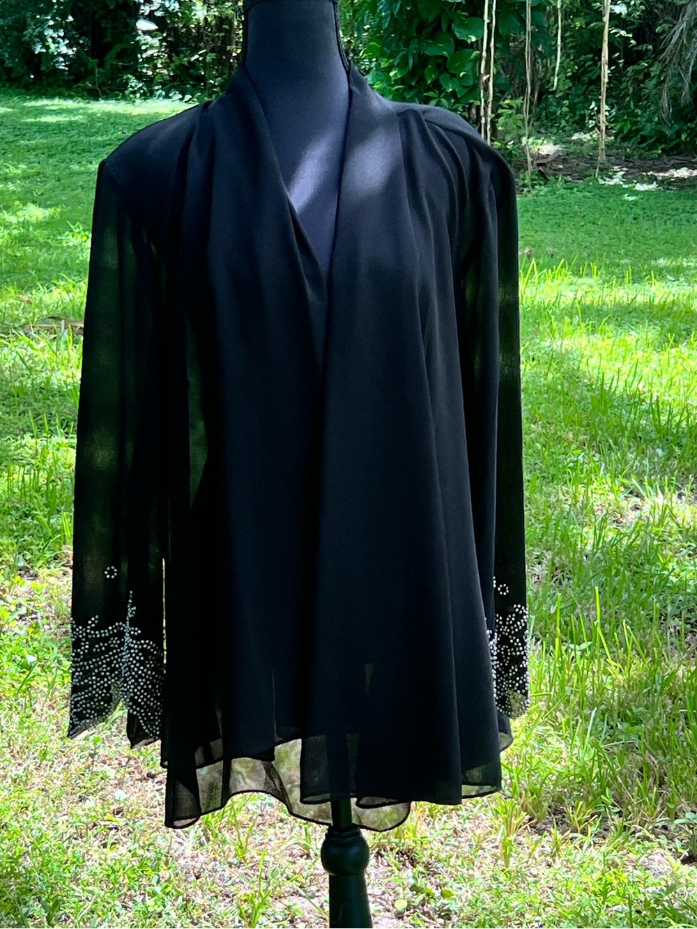 R & M Richards Black Sheer Open-Front Shrug with Rhinestone Cuffs Plus